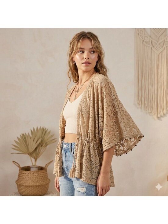 Forever 21 Sweaters - Fairycore Floral Lace Kimono Cardigan Champagne Taupe Coquette Boho Layering L